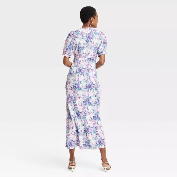 NEW A New Day Women's Crepe Puff Short Sleeve Midi Dress in Blue Floral Print - Picture 2 of 3
